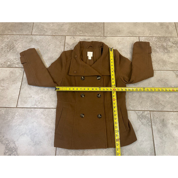 H&M Pea Coat Womens 12 Brown Double Breasted Lined Pockets Button Up Poly Blend - Picture 4 of 12